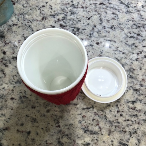 travel coffee / tea mug with red sweater cuddler / cozy / coozie - Picture 3 of 4